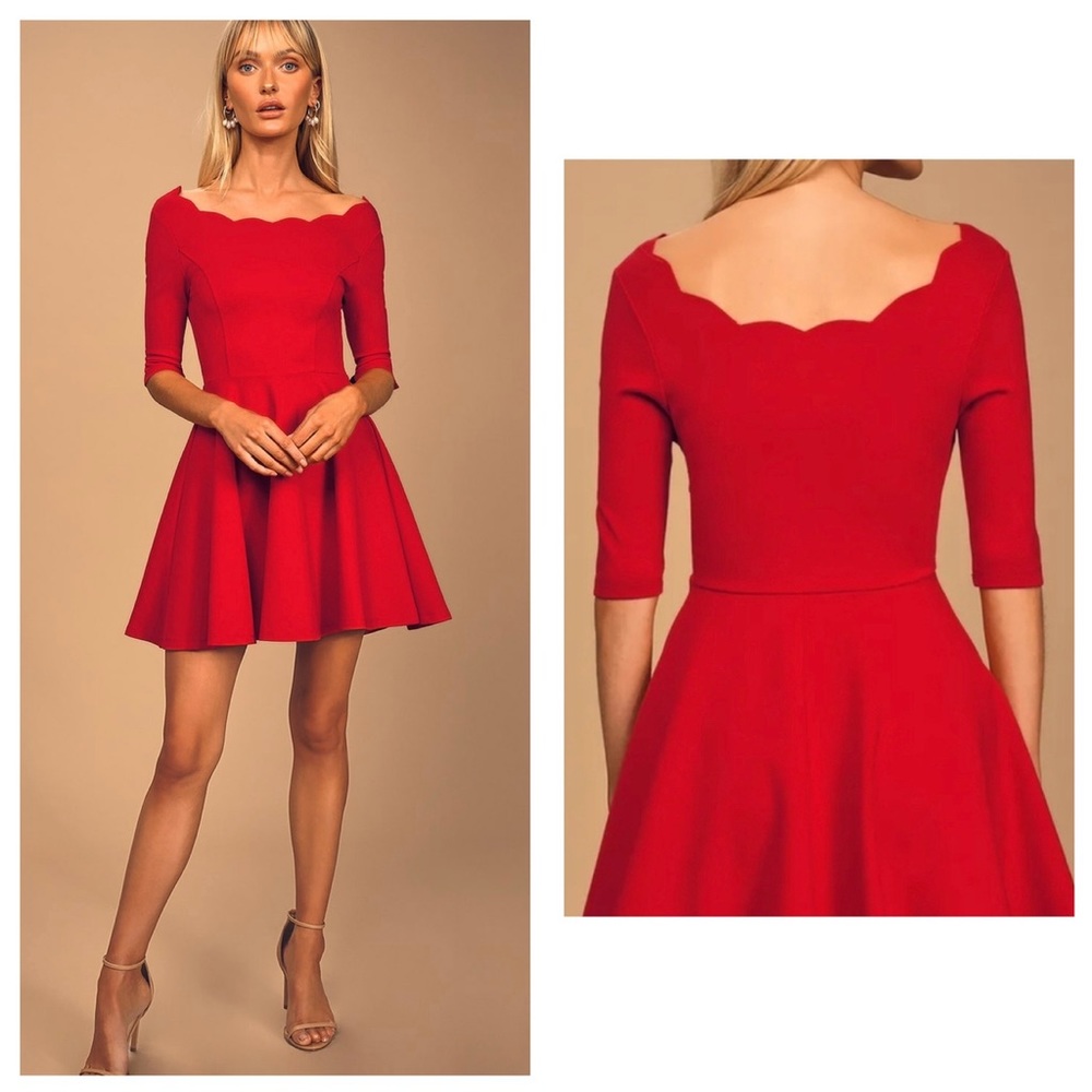 LULU’S Tip the Scallops Red Scalloped Skater Dress S